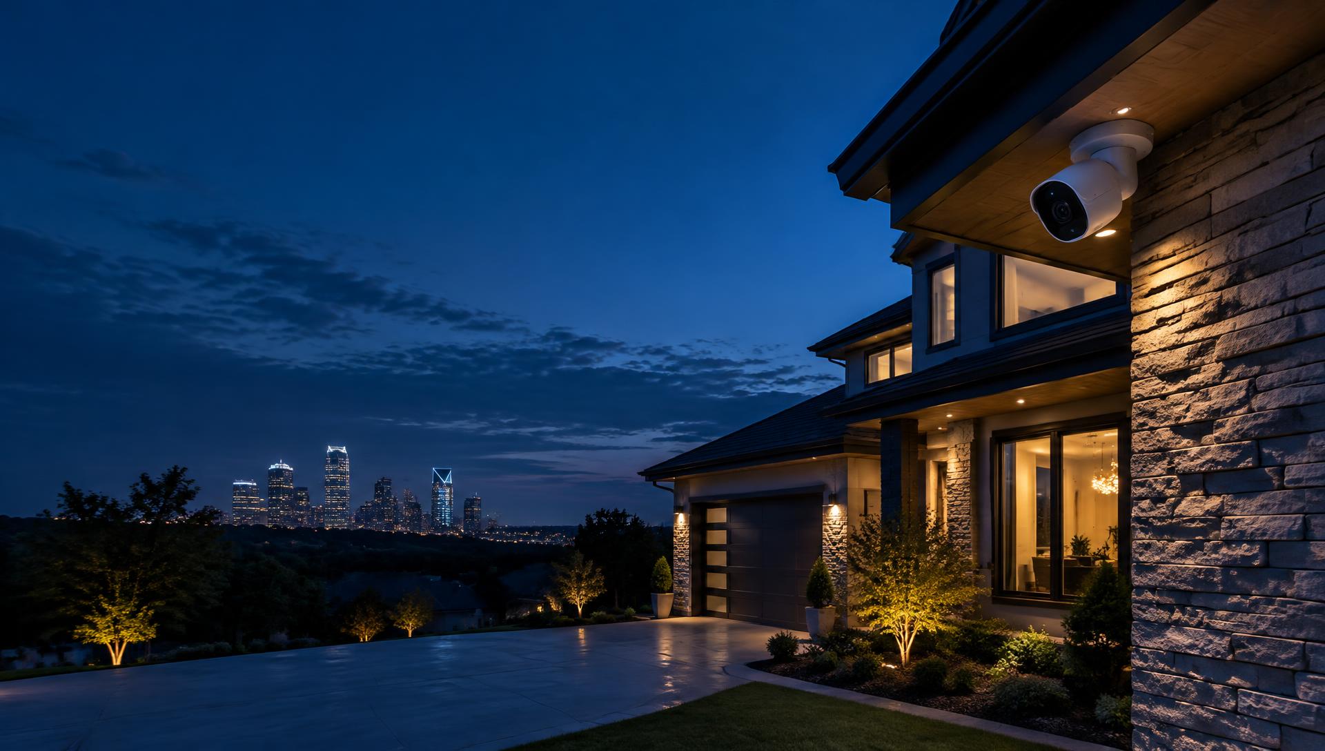 Security camera protecting a Charlotte home at dusk